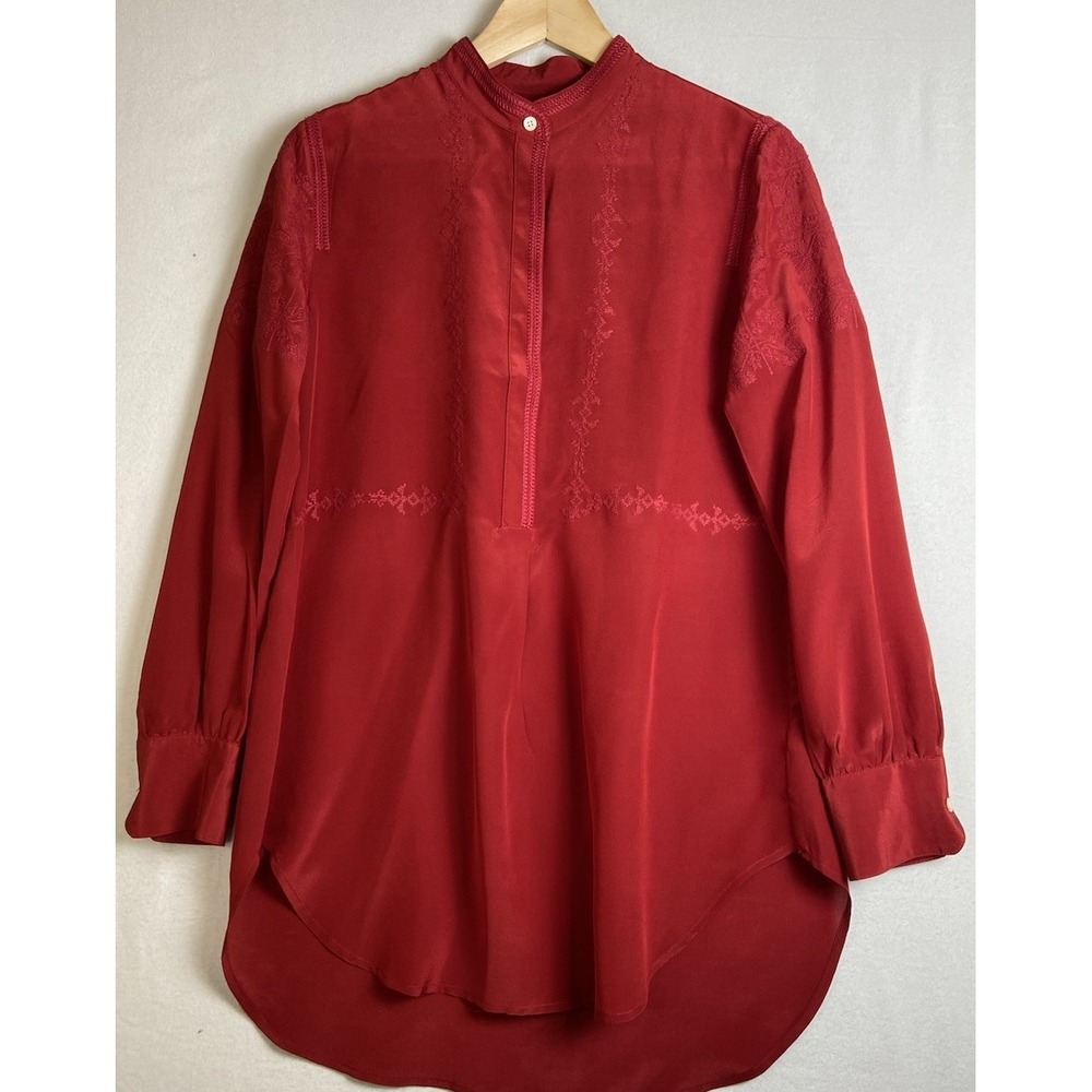 Madewell Women's Ballad Red Silk Embroidered Bib Tunic Long Sleeve Top Size S